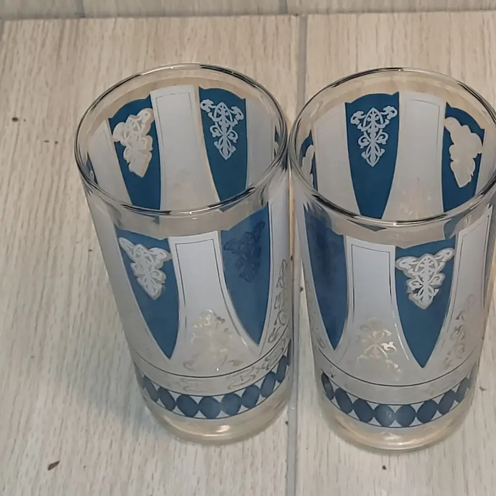 Vtg 1960s MCM Retro Highball Glasses Blue And White Barware Set Of 2 Replcements